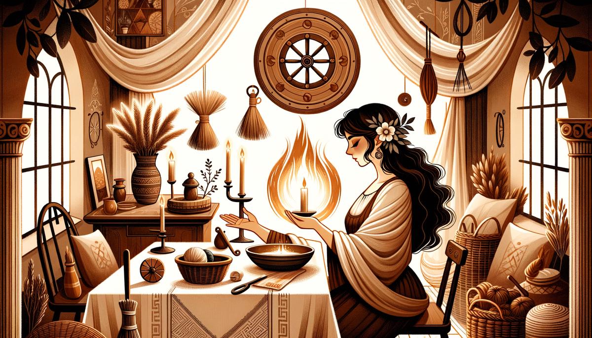 Hestia tending to a sacred flame in a cozy, welcoming home