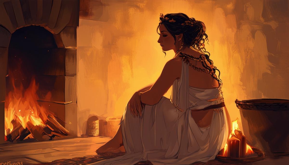 Hestia, the Greek goddess of the hearth and home, sits peacefully by a warm fireplace, content in her unmarried status and embodying both independence and traditional feminine virtues.