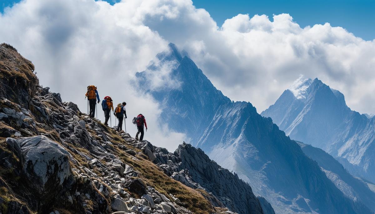 Hikers ascending Mount Olympus with dramatic cloud-covered peaks in the background