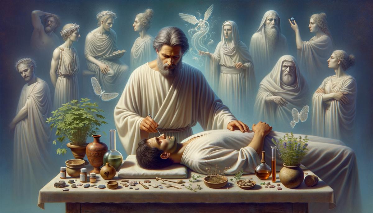 Hippocrates examining a patient while mythical elements hover nearby