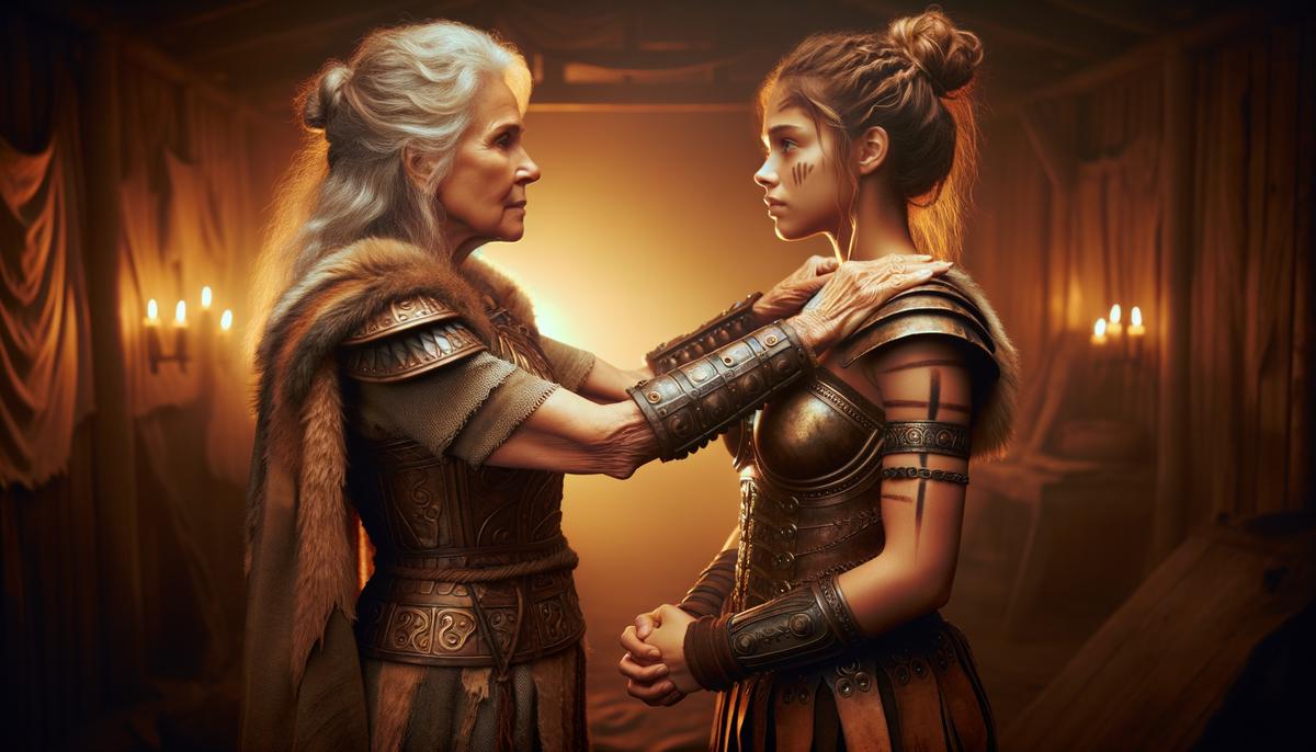 Hippolyta and Wonder Woman in a scene from the Wonder Woman movie, with Hippolyta placing her hands on Wonder Woman's shoulders in a motherly gesture