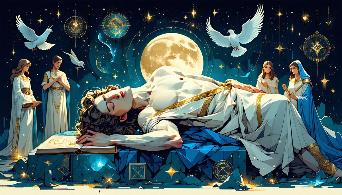 Hypnos, the Greek god of sleep, surrounded by dream symbols and his family of dream deities