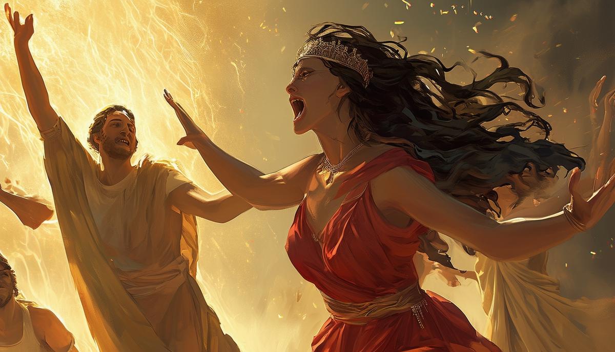 Iambe uses her jesting prowess to revive Demeter's spirit during the somber tale of Persephone's abduction, highlighting the power of humor in the Eleusinian Mysteries