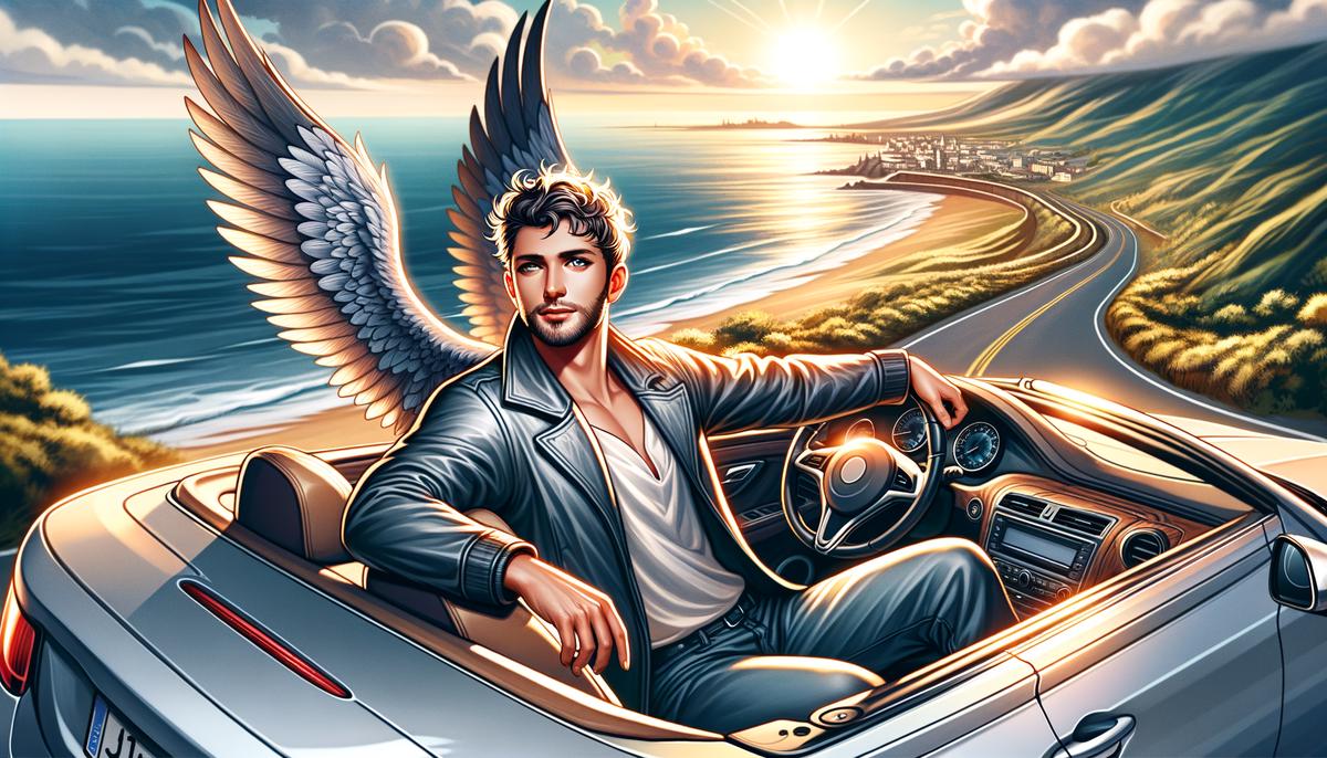 Icarus confidently driving a Mercedes-Benz convertible