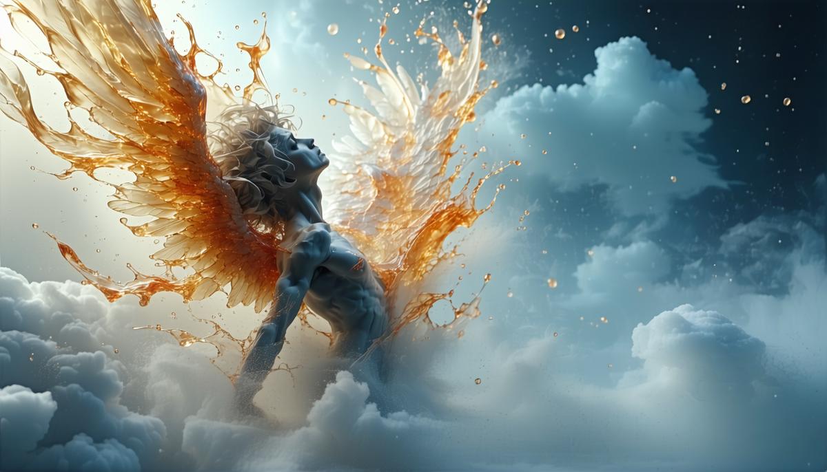 Icarus falling from the sky with melting wax wings
