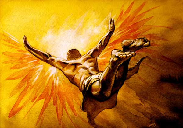 Icarus falling from the sky with melting wings