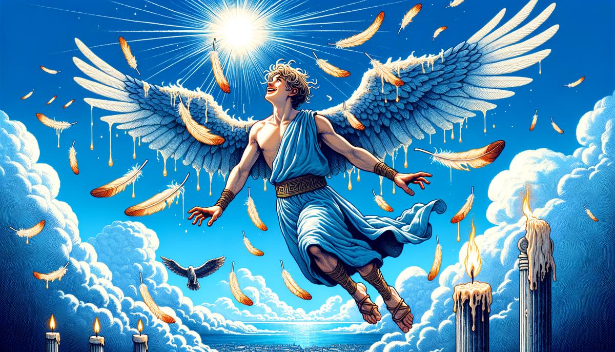 Icarus flying too close to the sun, his wax wings beginning to melt