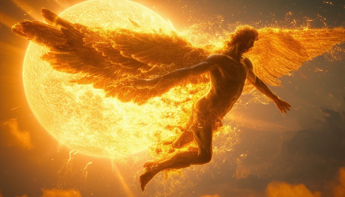 Icarus flying too close to the sun with melting wax wings