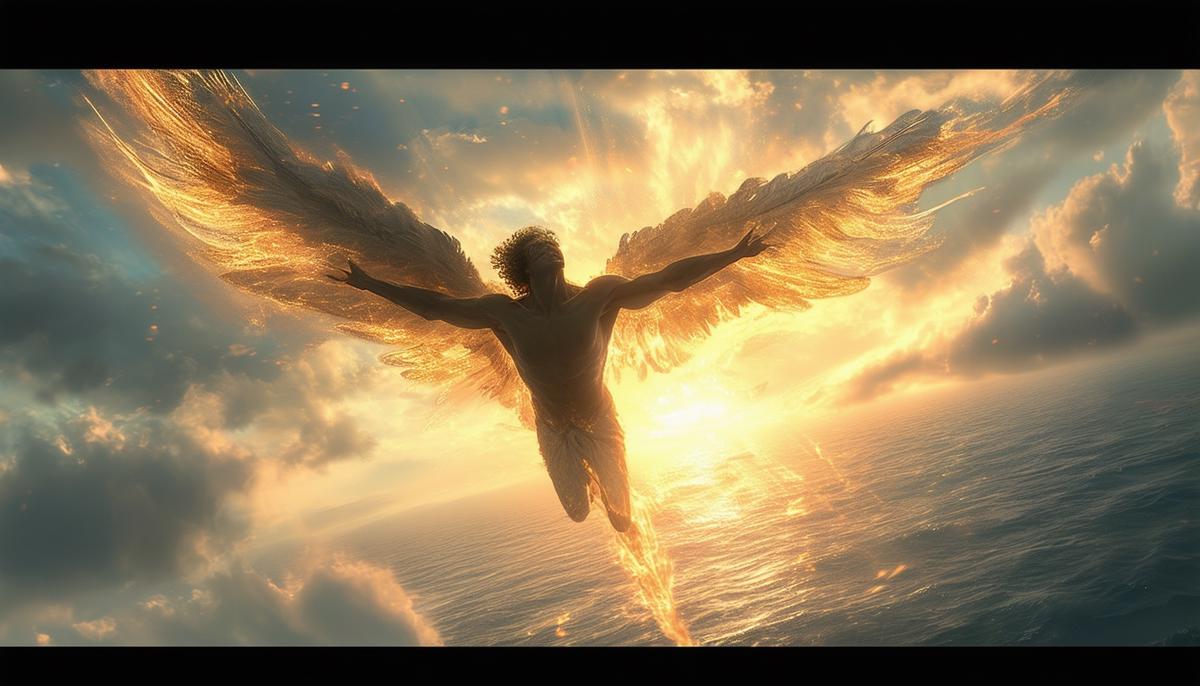 Icarus soaring through the sky, his wings spread wide as he reaches towards the sun. The wax holding his feathers together is starting to melt, and a look of realization and panic crosses his face as he begins to lose altitude, the vast expanse of the sea below him.