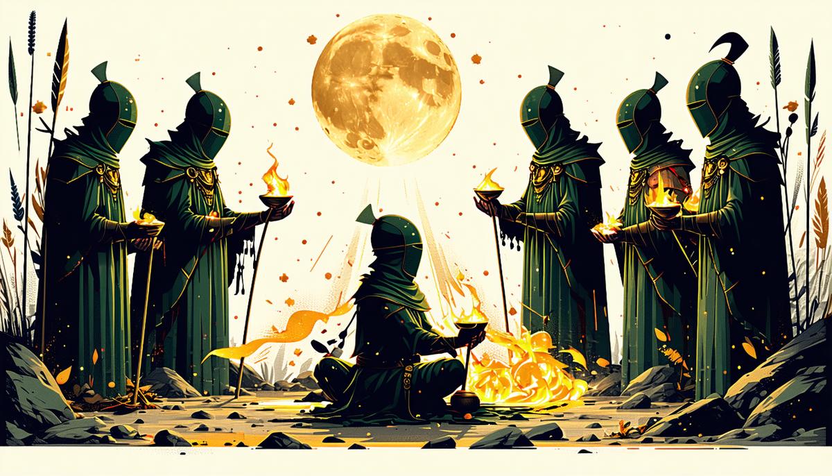 Illustration depicting secretive Orphic and Dionysian cult rituals with masked figures performing mystical ceremonies