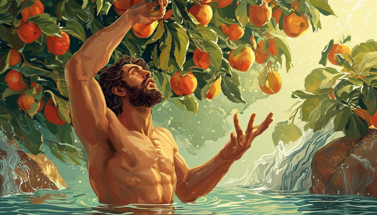 Illustration depicting Tantalus standing in water reaching for fruit above him, both eternally out of reach as his torturous punishment