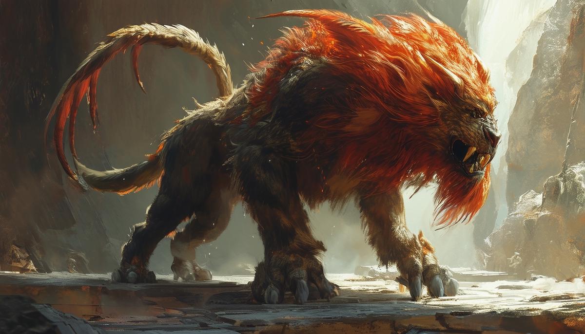 Illustration of a fierce manticore creature in a modern fantasy video game or movie setting