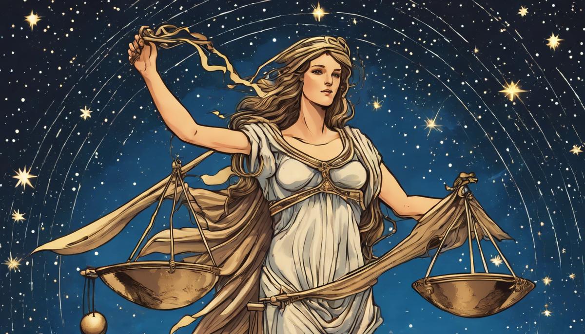 Illustration of Astraea, the Greek Star Maiden goddess, holding the scales of justice against a backdrop of stars forming the Virgo constellation