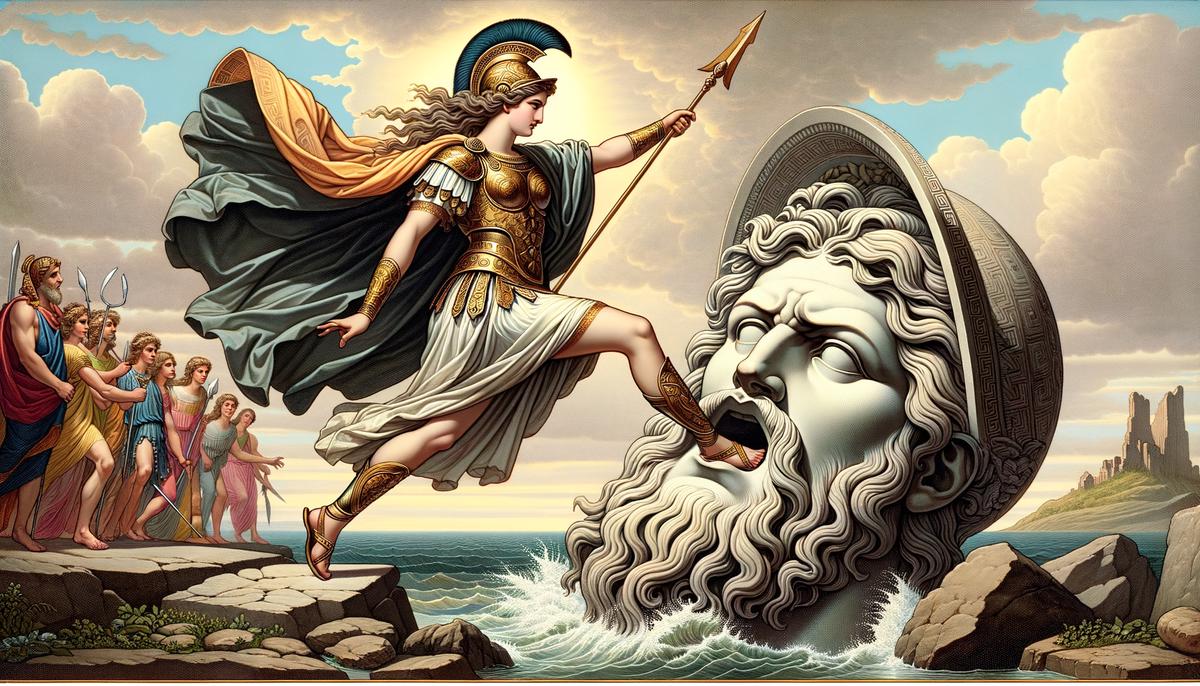 Illustration of Athena emerging fully grown and armored from Zeus's head
