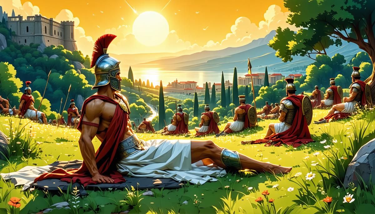 Illustration of Elysium, showing a beautiful paradise with Greek heroes relaxing in lush meadows under a golden sky