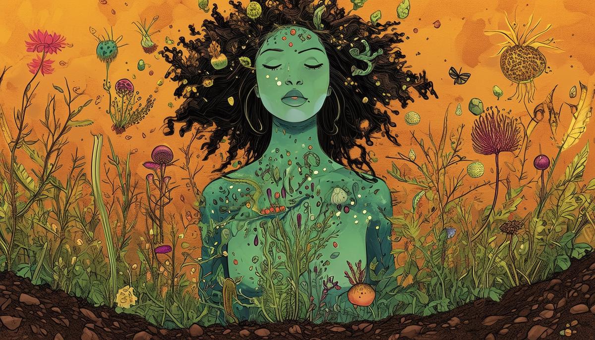 Illustration of Gaia, the Earth Mother, emerging from the ground with various life forms sprouting from her body