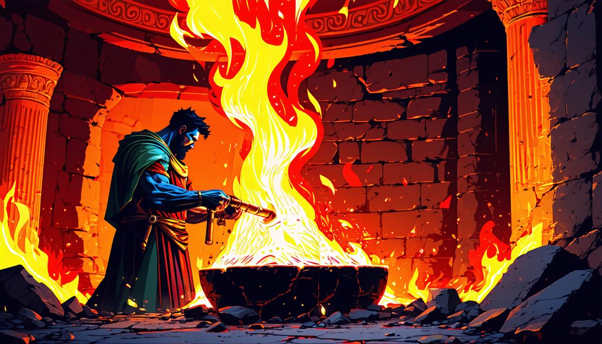 Illustration of Hephaestus, Greek god of fire and metalworking, in his volcanic forge