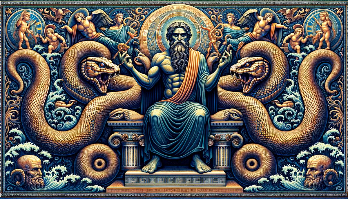 Illustration of King Cecrops, half-man and half-snake, judging the contest between Athena and Poseidon