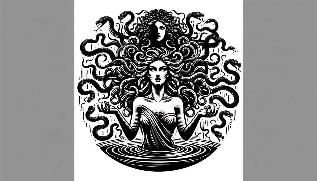 Illustration of Medusa as a beautiful maiden being transformed into a Gorgon