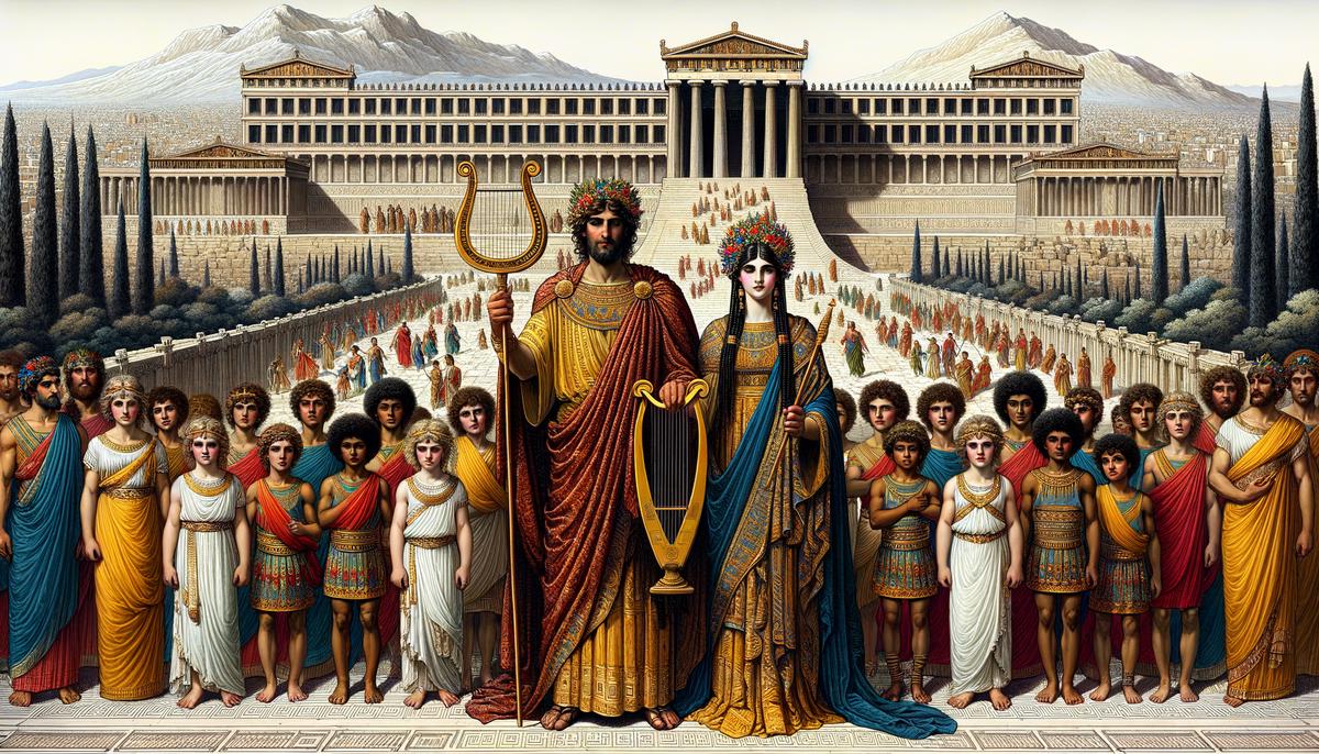 Illustration of Niobe and Amphion, rulers of Thebes, posing with their fourteen children in royal Greek attire