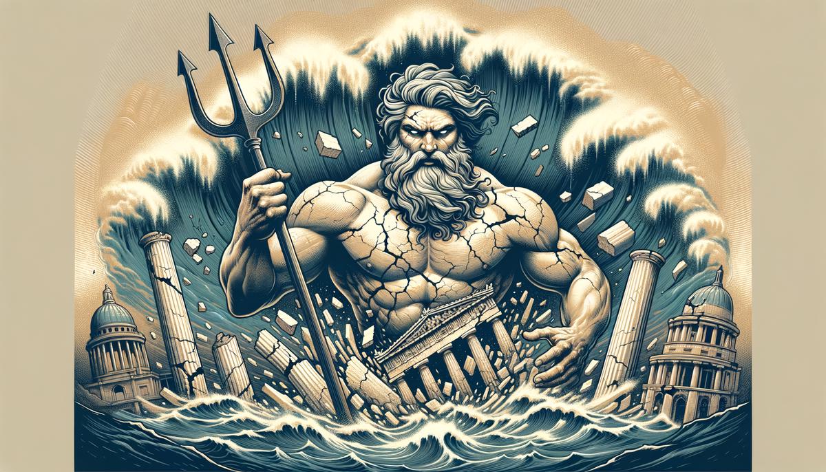 Illustration of Poseidon, Greek god of the sea, causing an earthquake with his trident