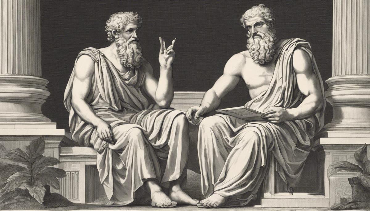 Illustration of the ancient Greek philosophers Thales and Anaximander discussing their ideas about the natural world