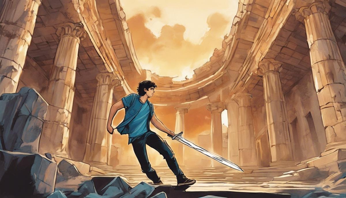 Illustration of the character Percy Jackson, a modern-day demigod from Rick Riordan's novel series, wielding a sword amidst ancient Greek ruins