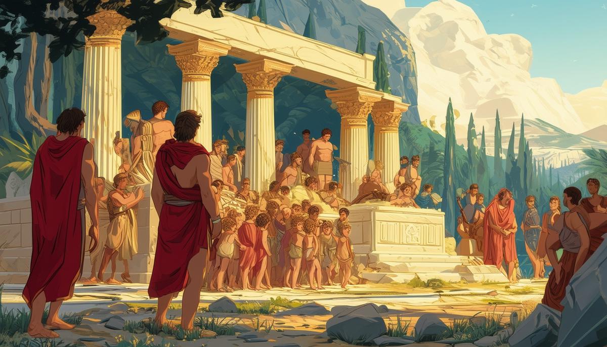 Illustration of the children of Heracles seeking refuge at Eleos' altar while fleeing from Eurystheus