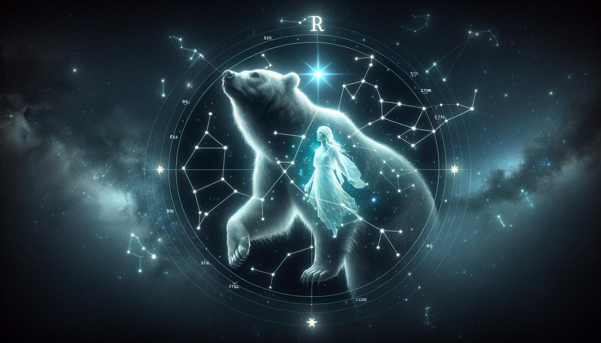 Illustration of the night sky featuring Ursa Major and Ursa Minor constellations with mythological figures of Callisto and Arcas superimposed