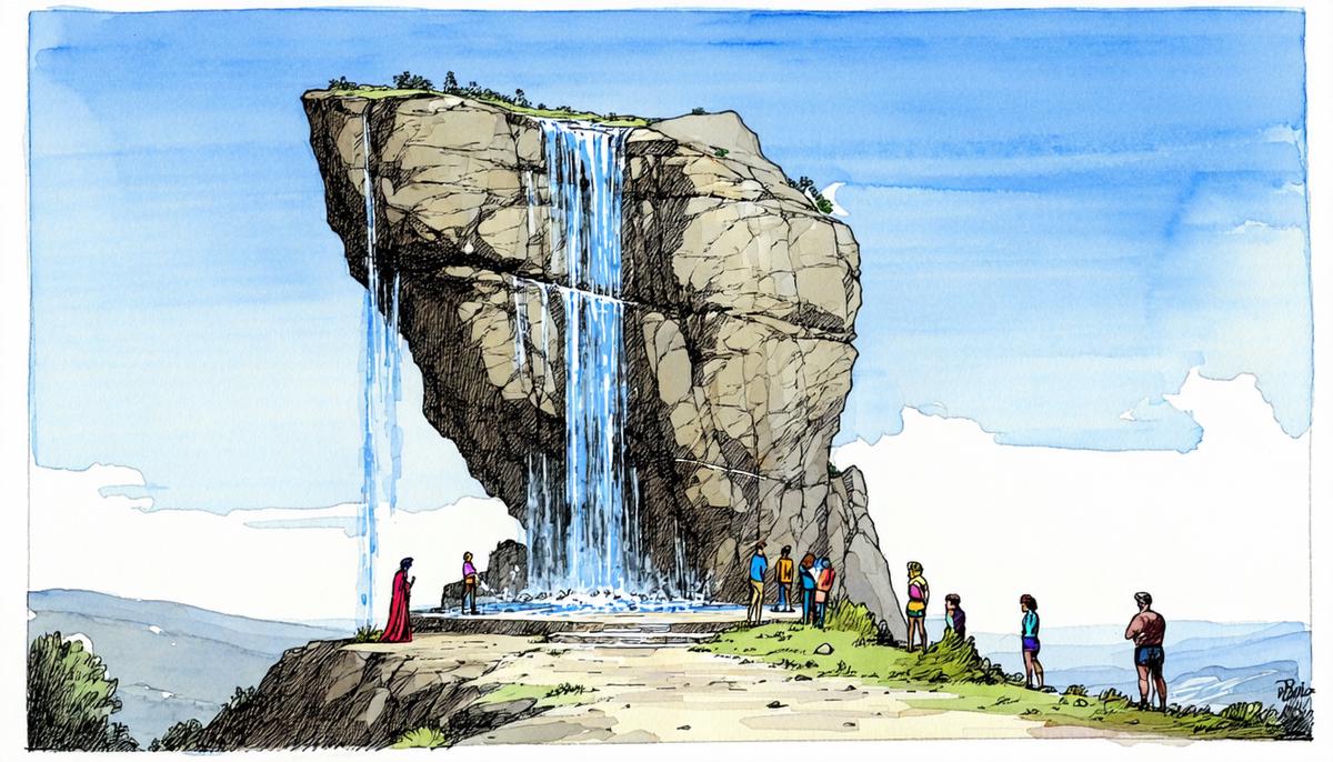 Illustration of the Weeping Rock of Niobe on Mount Sipylus, with modern tourists observing the natural formation