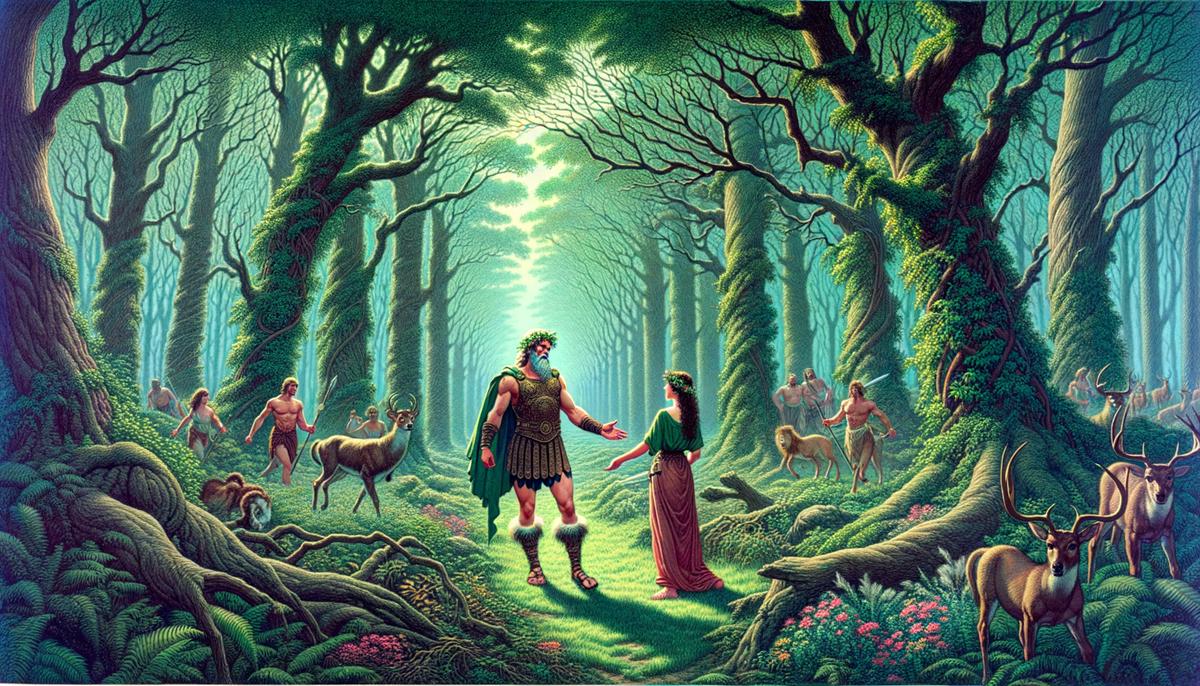 Illustration of Zeus disguised as Artemis approaching an unsuspecting Callisto in a forest clearing