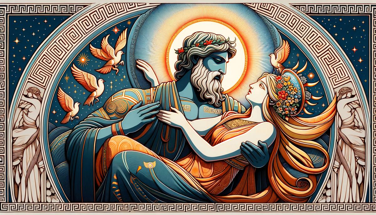 Illustration of Zeus disguised as Semele's mortal husband, embracing her