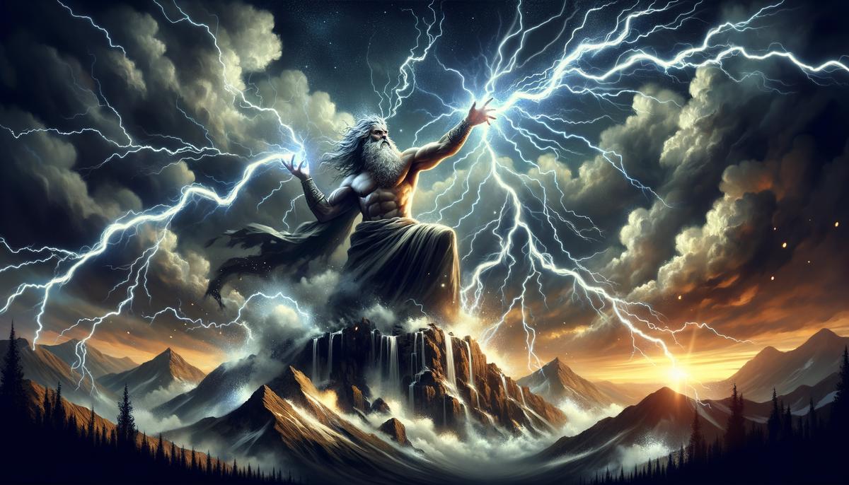 Illustration of Zeus, Greek god of thunder, creating a thunderstorm from Mount Olympus