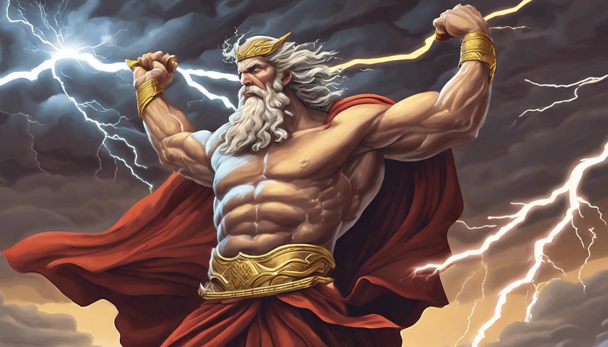Illustration of Zeus, the Greek god of thunder, hurling lightning bolts during a thunderstorm