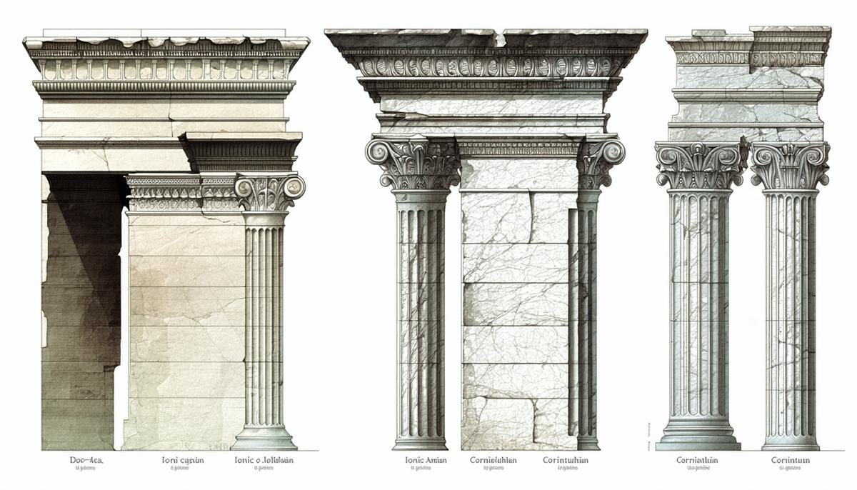 Illustration showing the evolution of Greek architectural orders from Doric to Ionic to Corinthian, with detailed close-ups of their distinctive capitals