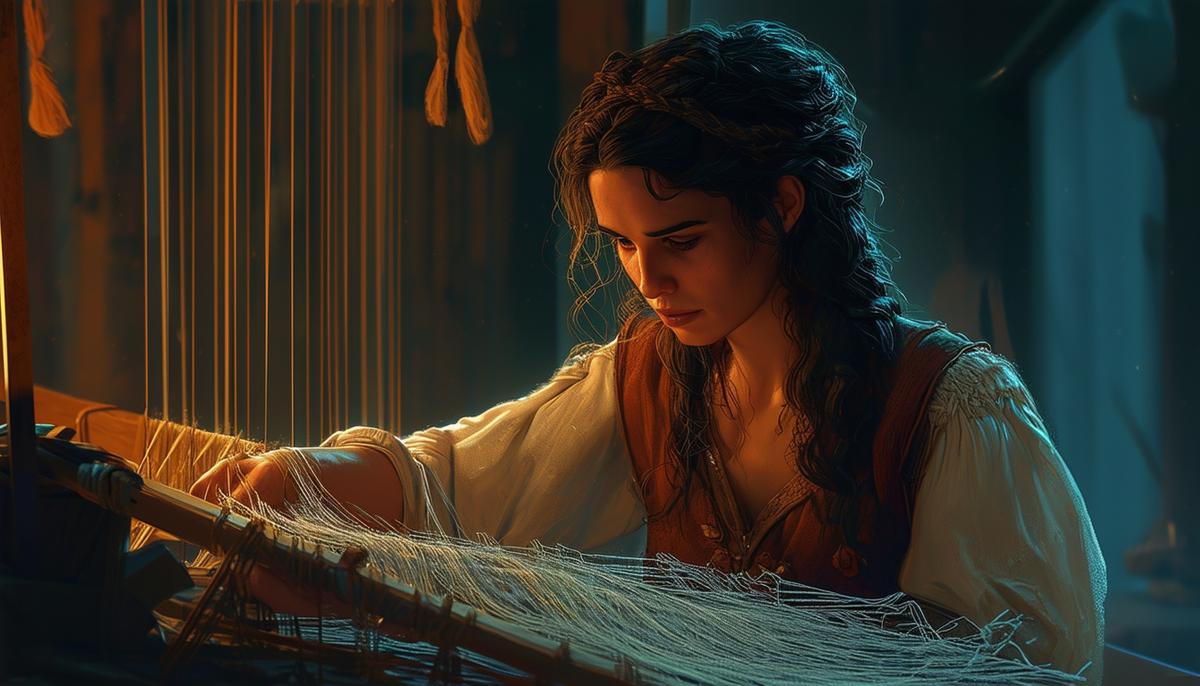 In a dimly lit room, Penelope sits at her loom at night, carefully unraveling the shroud she wove during the day. Her face shows a mix of determination and weariness as she carries out her secret plan to keep the suitors at bay.