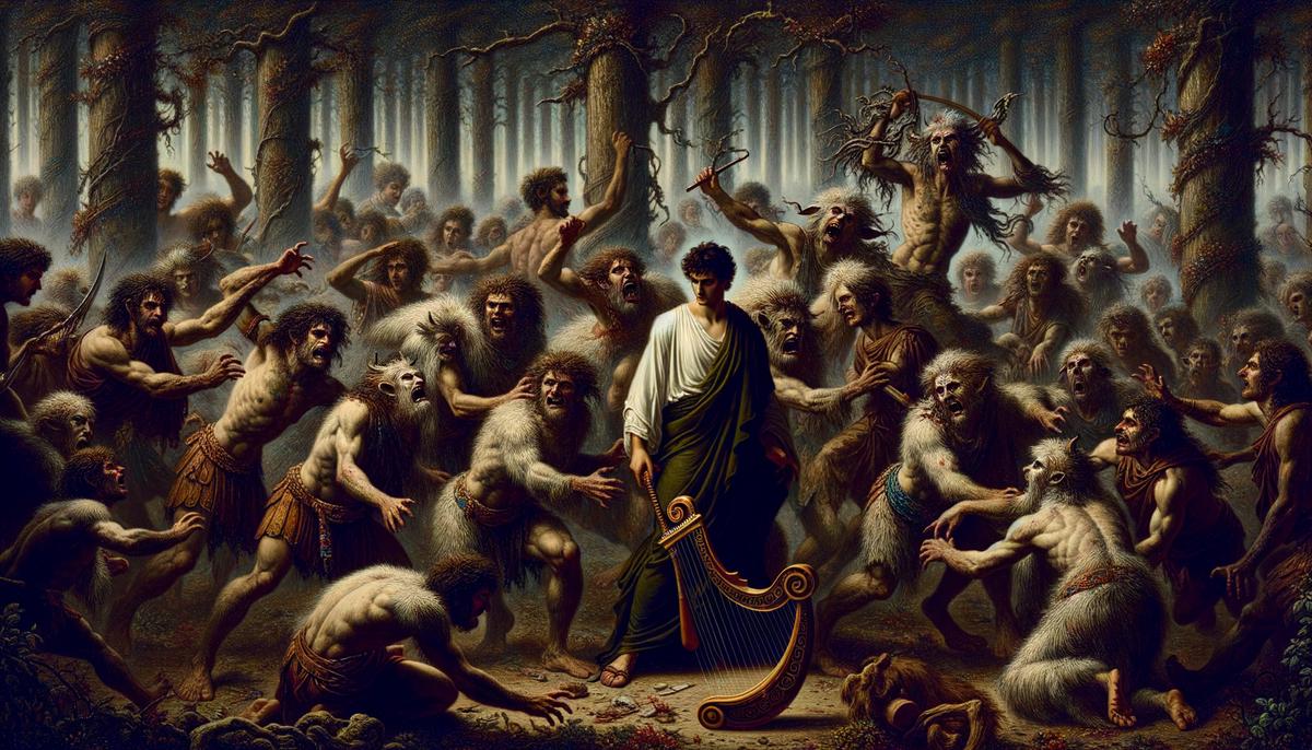 In a tragic and violent end, Orpheus is attacked and torn apart by a frenzied mob of Maenads, the female followers of Dionysus, his body strewn amidst the wild forest.