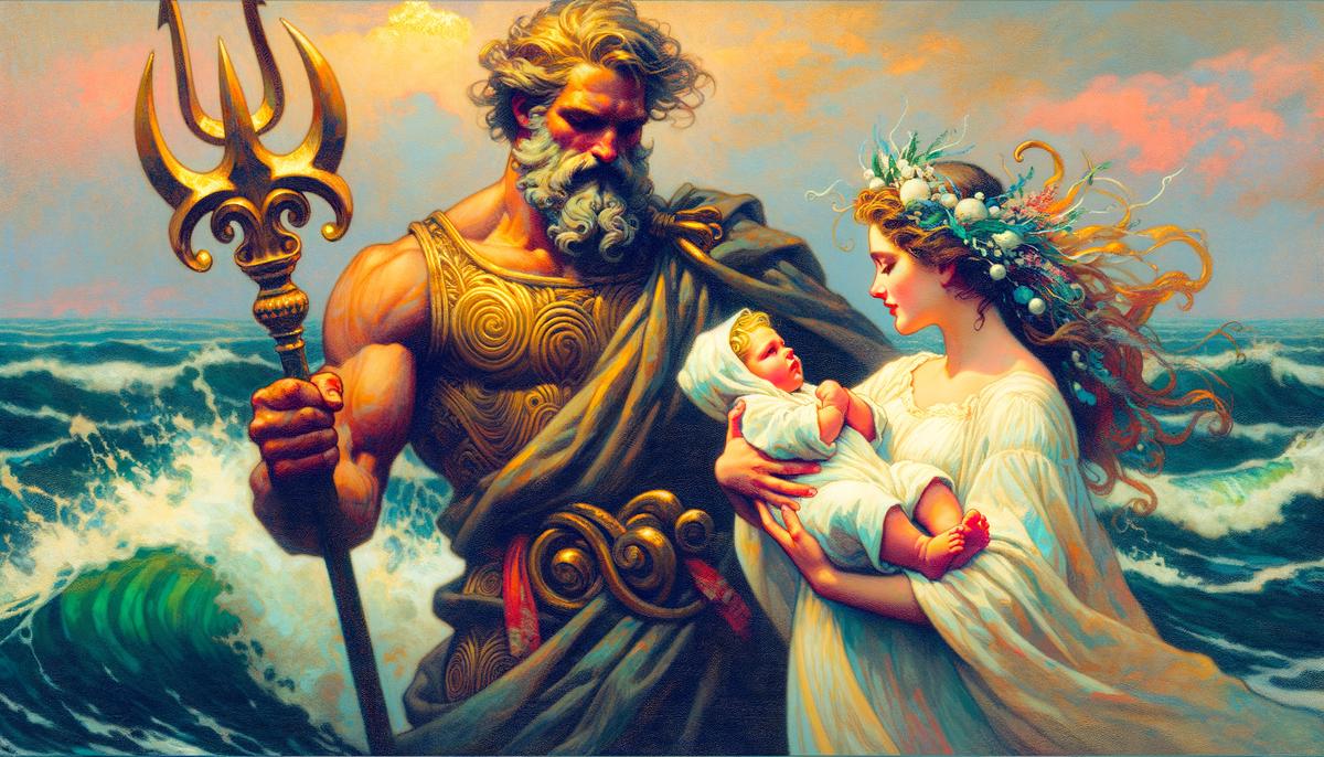 Infant Bellerophon cradled by his divine father Poseidon, god of the sea, and his mortal mother Eurynome, symbolizing his dual heritage and potential for greatness.