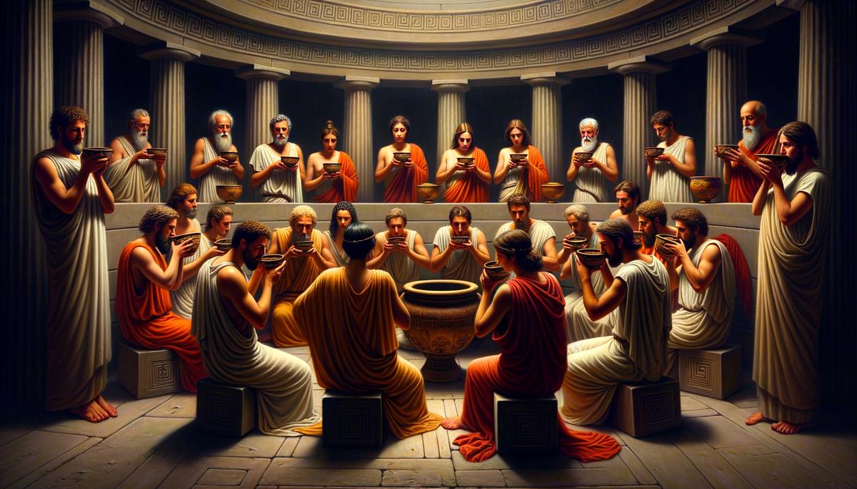 Initiates of the Eleusinian Mysteries drinking kykeon during the ritual