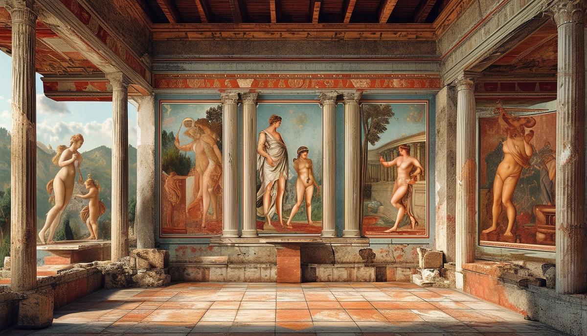 Interior view of the House of Leda in Pompeii, showcasing multiple mythological frescoes and architectural details