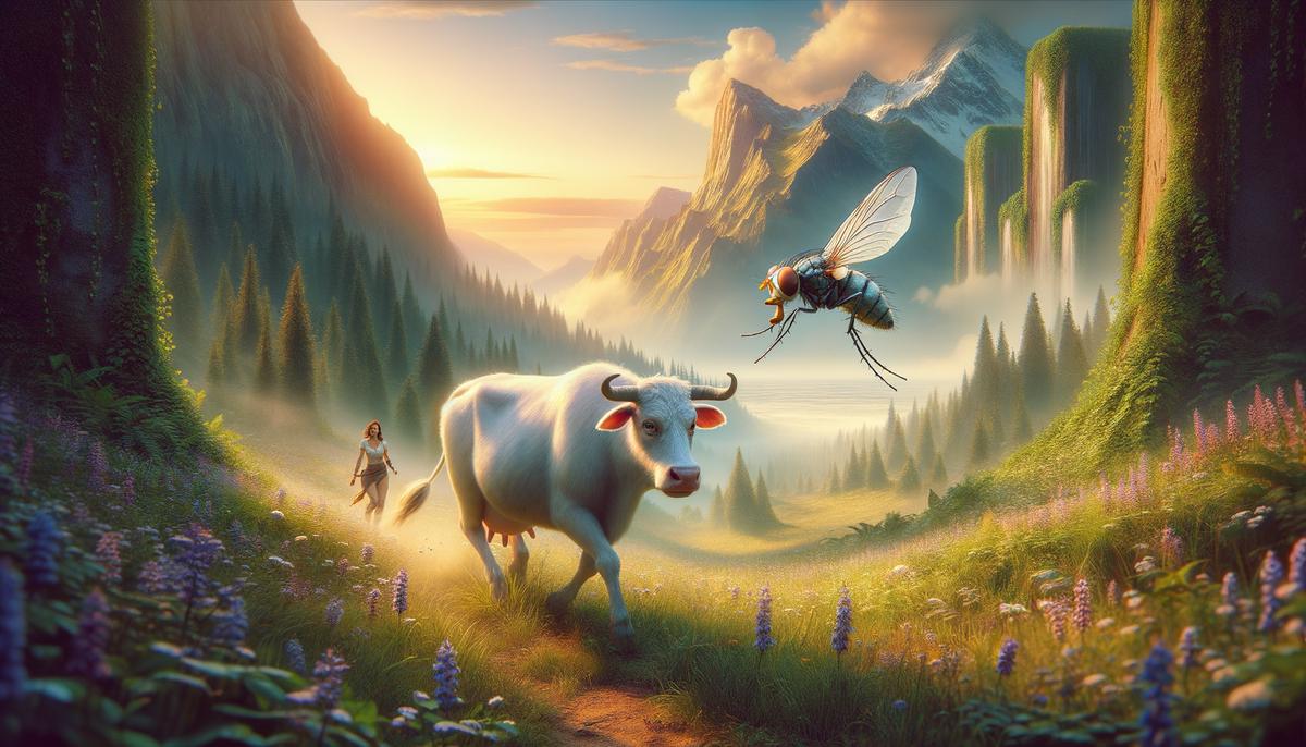 Io, transformed into a white cow, being chased by a persistent, buzzing gadfly sent by Hera, as she wanders through various landscapes on her never-ending journey.