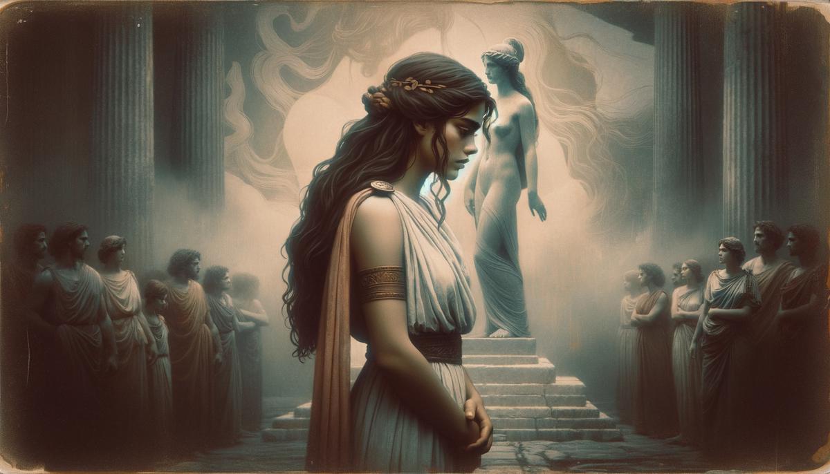Iphigenia standing bravely before an altar, with Artemis' silhouette in the background
