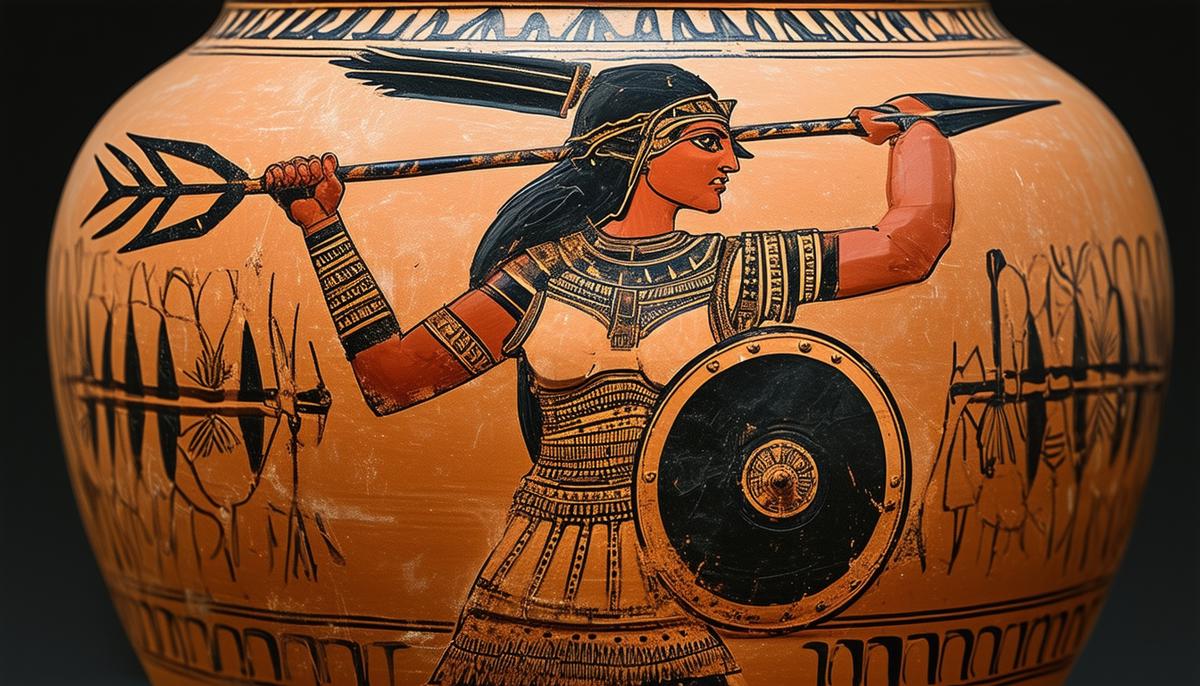 Iphito depicted on an ancient Greek pottery vase, holding a spear and shield in her distinctive Amazonian battle armor