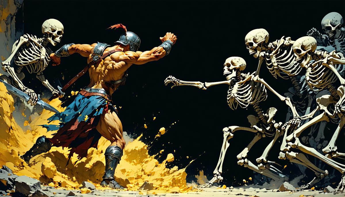 Jason battling the skeleton warriors while reaching for the Golden Fleece in Jason and the Argonauts
