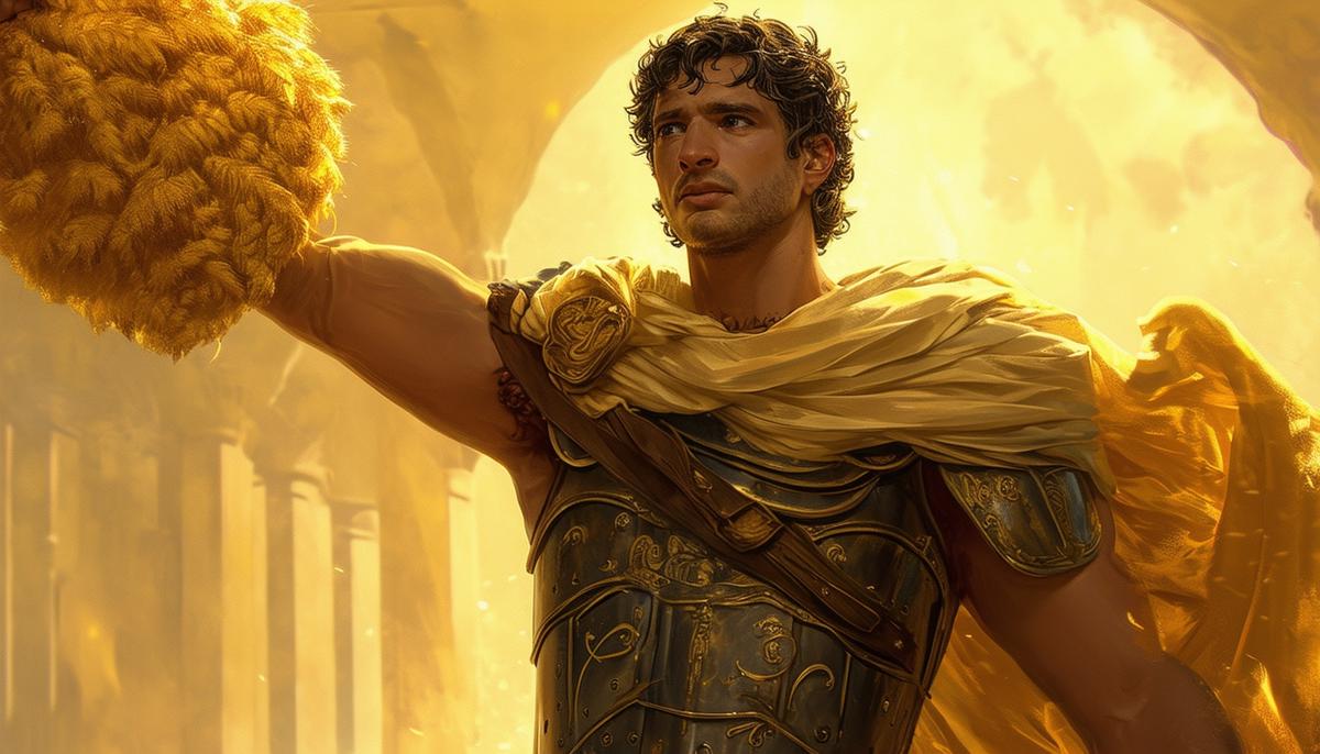 Jason, the Greek hero, standing triumphantly with the Golden Fleece draped over his arm. He is dressed in his armor, his face filled with pride and relief after completing his epic quest. The fleece shimmers in the light, its golden hue a testament to its legendary status.