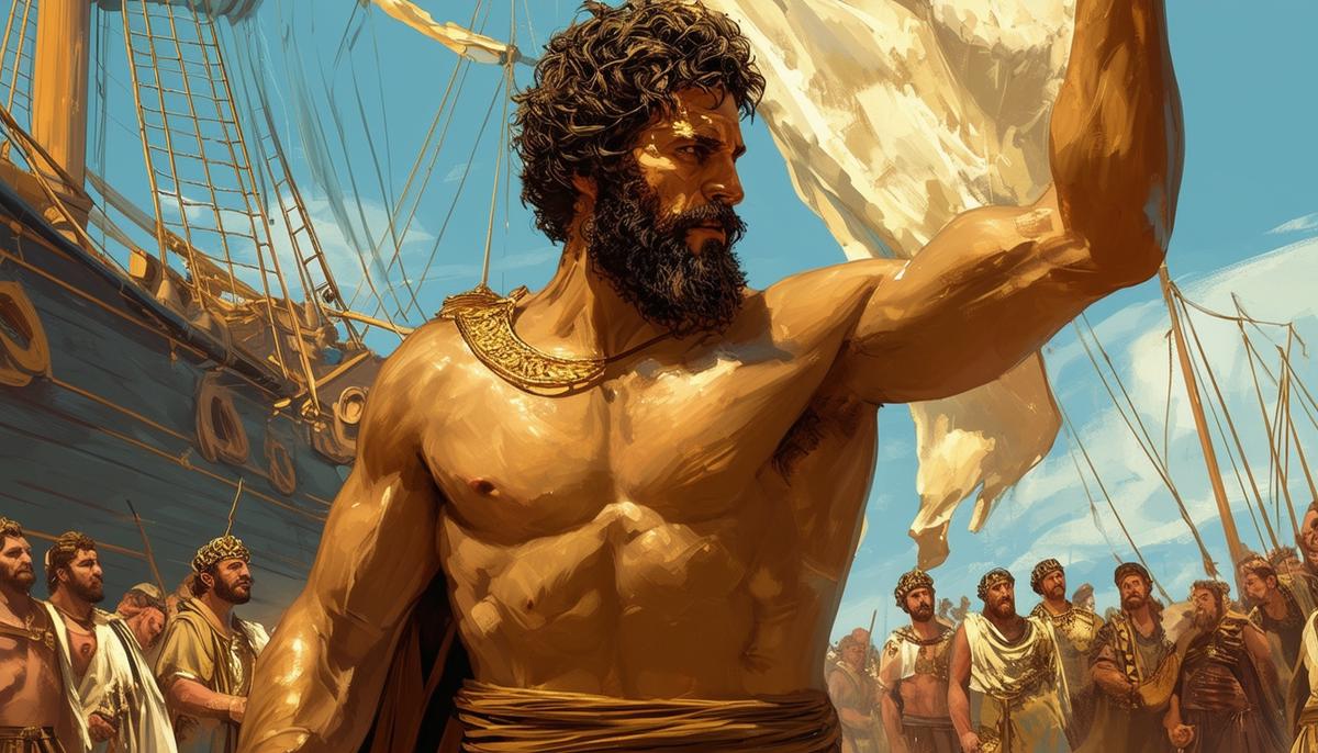 Jason triumphantly holding the Golden Fleece, with the Argo ship and his crew in the background