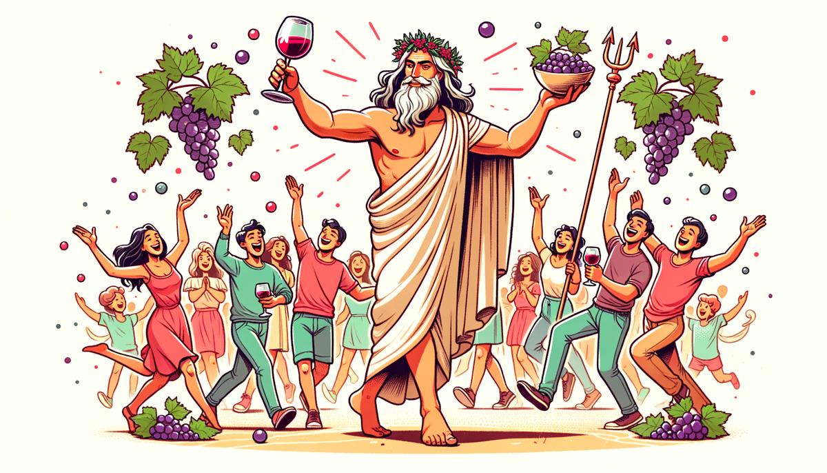 Joyful Dionysus presiding over a lively festival, holding a wine goblet and his thyrsus staff