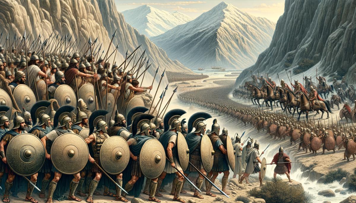 King Leonidas and his 300 Spartans forming a phalanx against the advancing Persian army at the narrow pass of Thermopylae