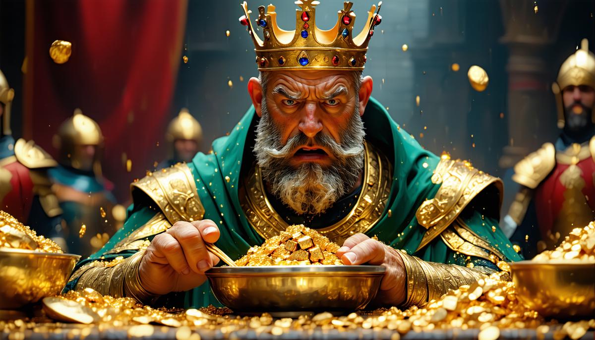 King Midas looking distressed as he accidentally turns his food to gold