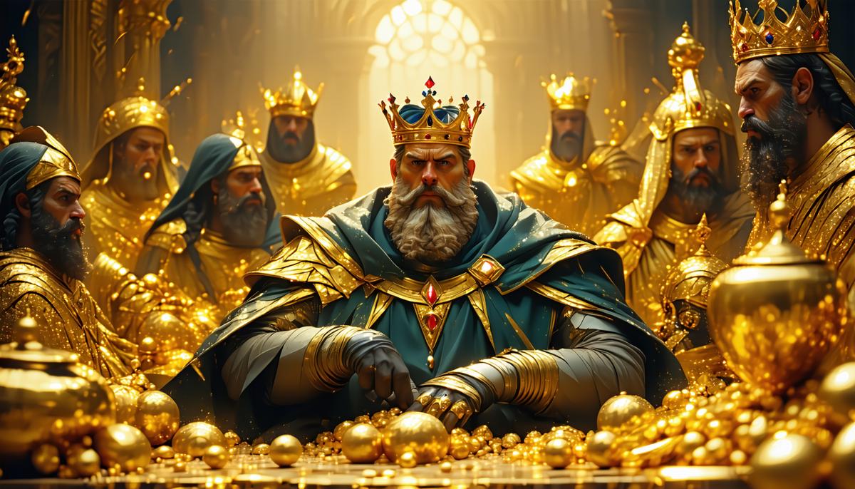 King Midas surrounded by golden objects, looking regretful